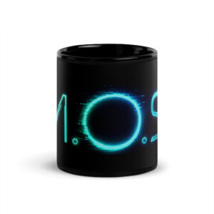 M.O.S.I. Schriftlogo auf schwarzer glänzender Tasse