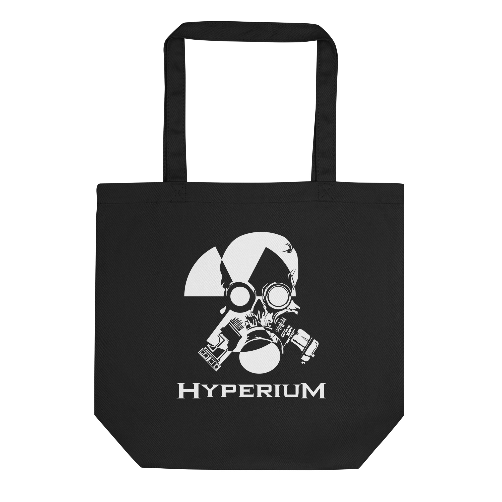Hyperium Schädel- und Schriftlogo auf schwarzem Bio-Stoffbeutel