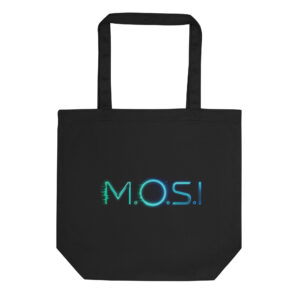 M.O.S.I. Schriftlogo auf schwarzem Bio-Stoffbeutel